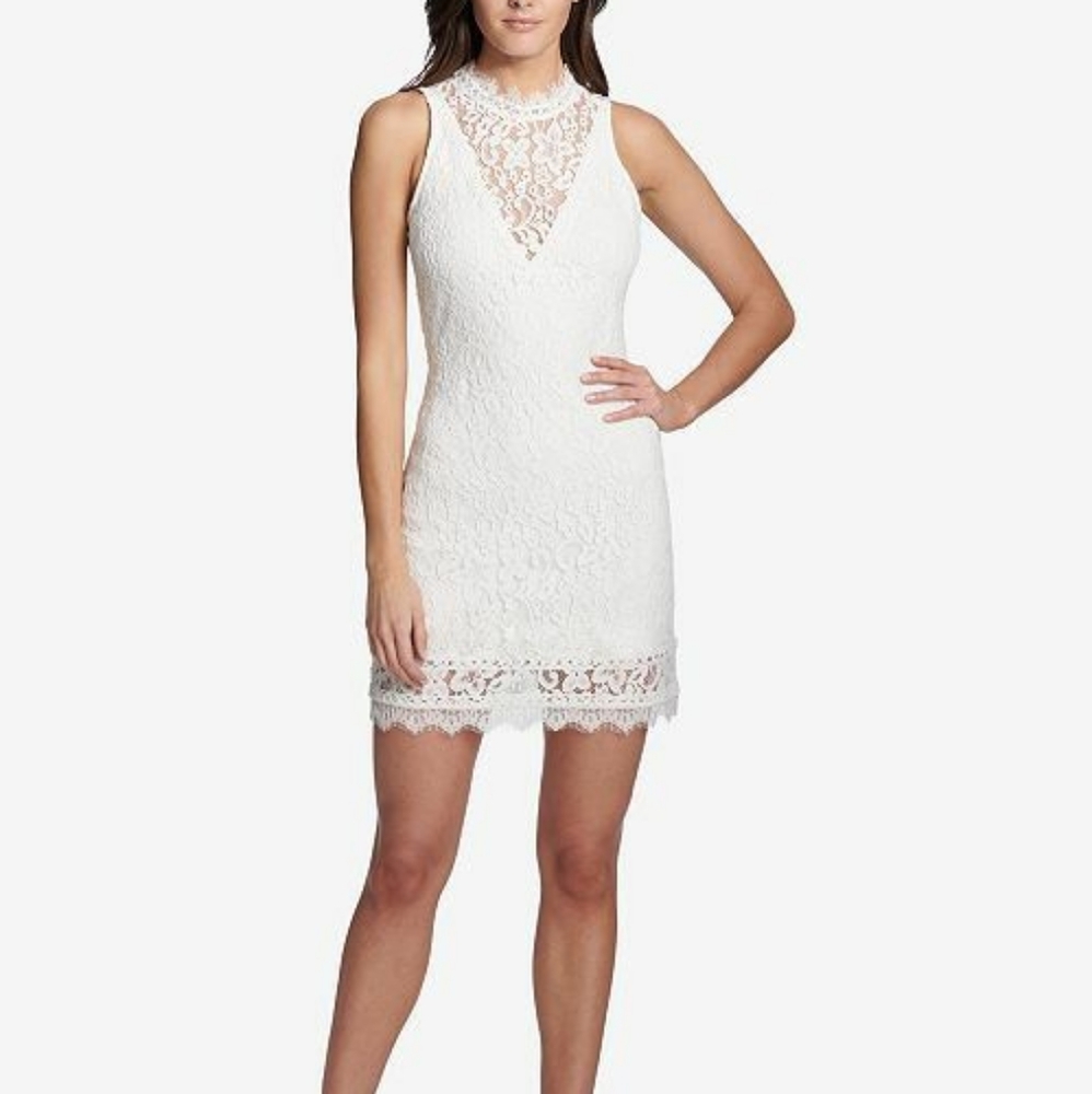 White Lace Cocktail Dress with Lace Plunge
